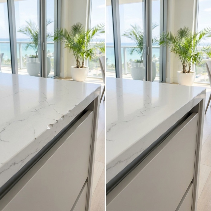 Countertop chip repair — before and after